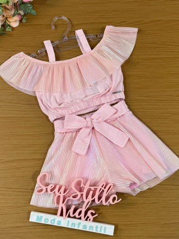 Conjunto Infantil Catavento Verão Com Shorts e Cropped Rosa holográfico
