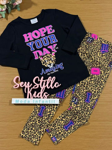 Conjunto Infantil Momi Inverno Legging Oncinha e Blusa Preta