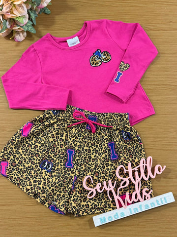 Conjunto Infantil Momi Inverno Shorts Oncinha e Blusa Pink