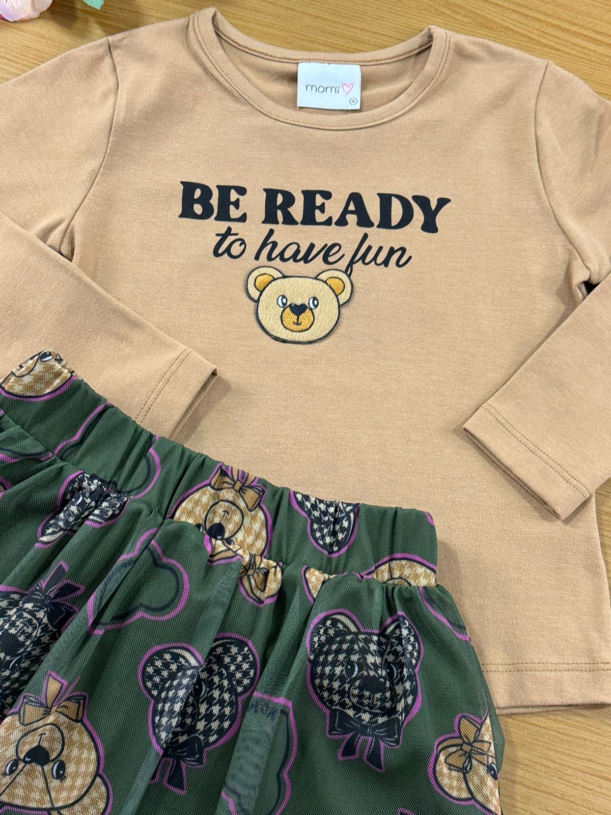 Conjunto Infantil Momi Inverno Saia Ursinhos e Blusa Caramelo
