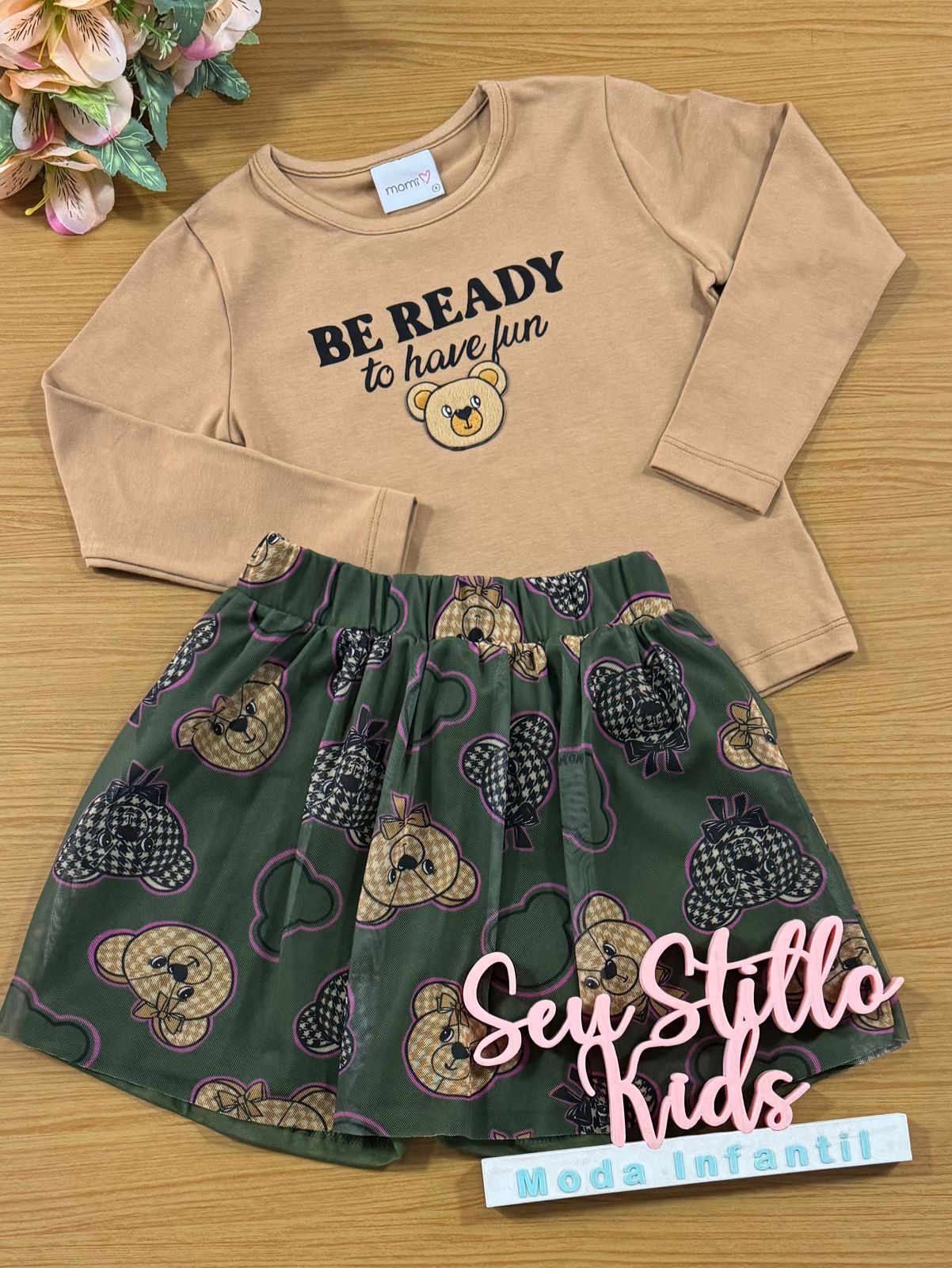 Conjunto Infantil Momi Inverno Saia Ursinhos e Blusa Caramelo