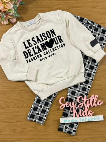 Conjunto Infantil Momi Inverno Legging Corações e Moletom Sem Flanela Bege