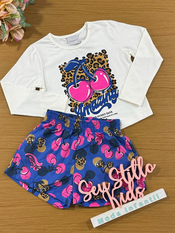 Conjunto Infantil Momi Inverno Shorts Cereja Azul e Blusa Oncinha Com Cereja