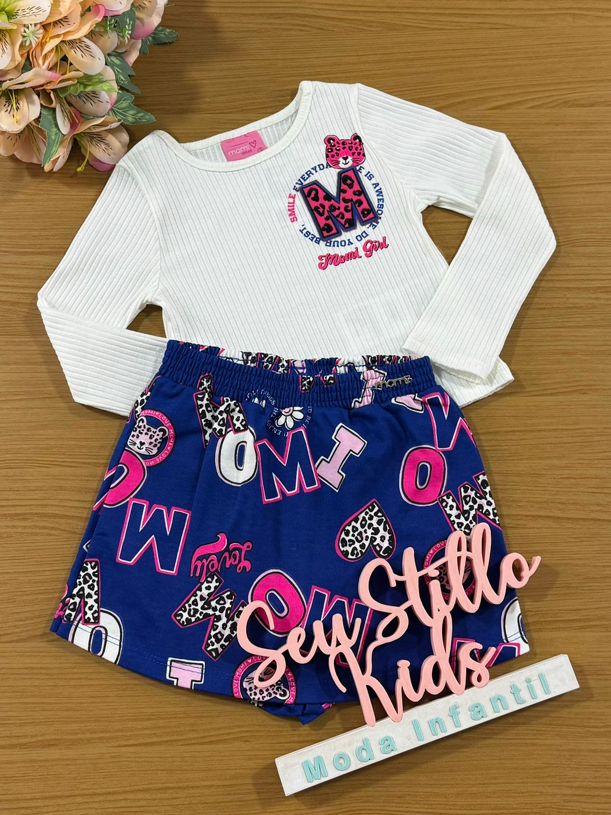 Conjunto Infantil Momi Inverno Shorts Saia Azul e Blusa Tigre