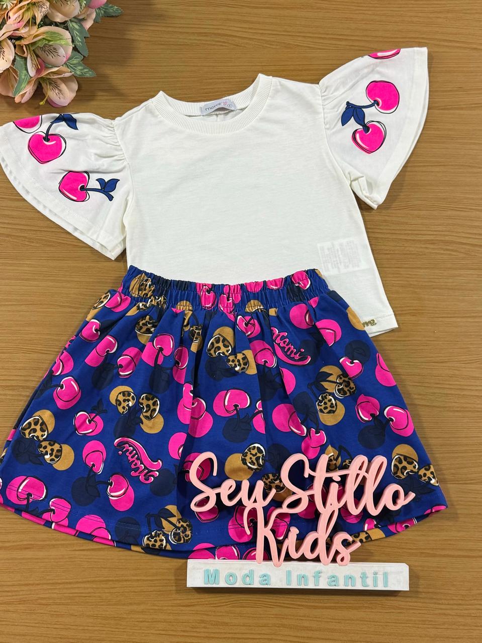 Conjunto Infantil Momi Inverno Saia e Blusa Branca Cereja