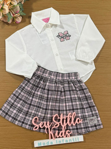 Conjunto Infantil Momi Inverno Saia Xadrez e Blusa Branca