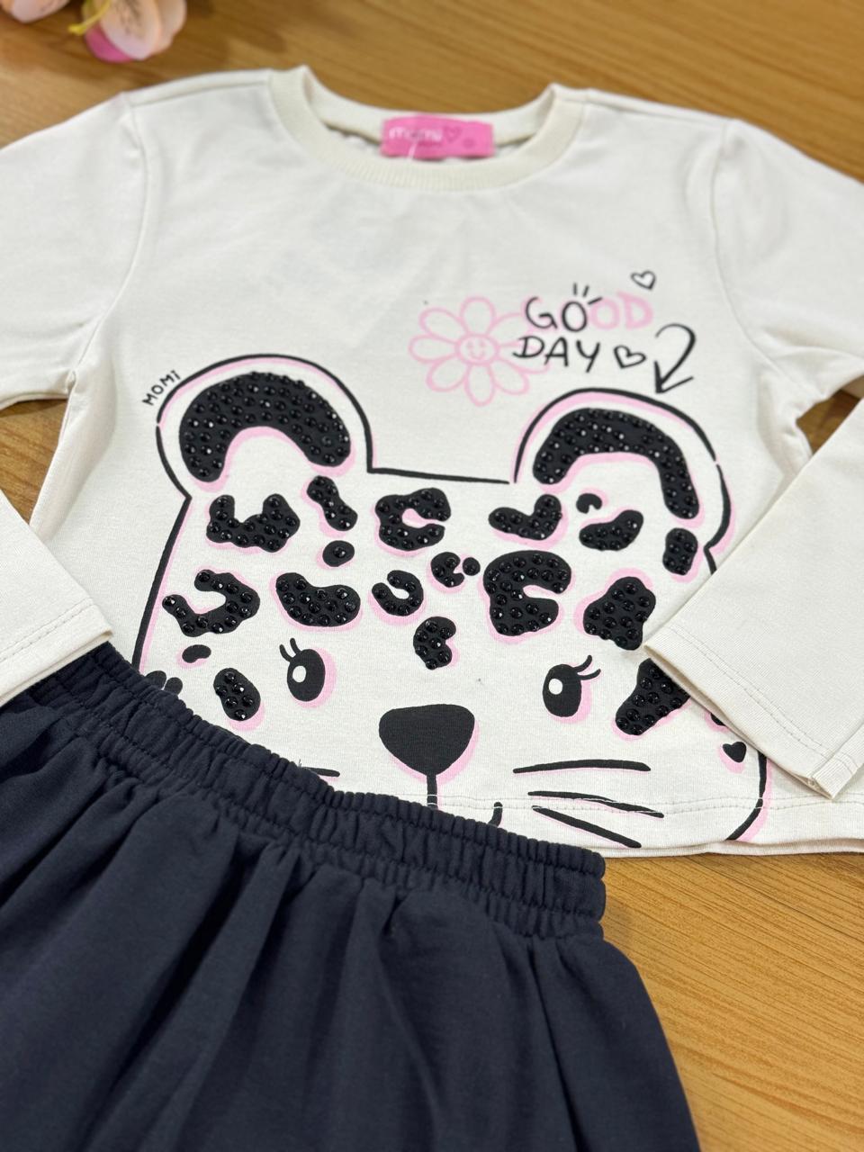 Conjunto Infantil Momi Inverno Saia Preta e Blusa Oncinha