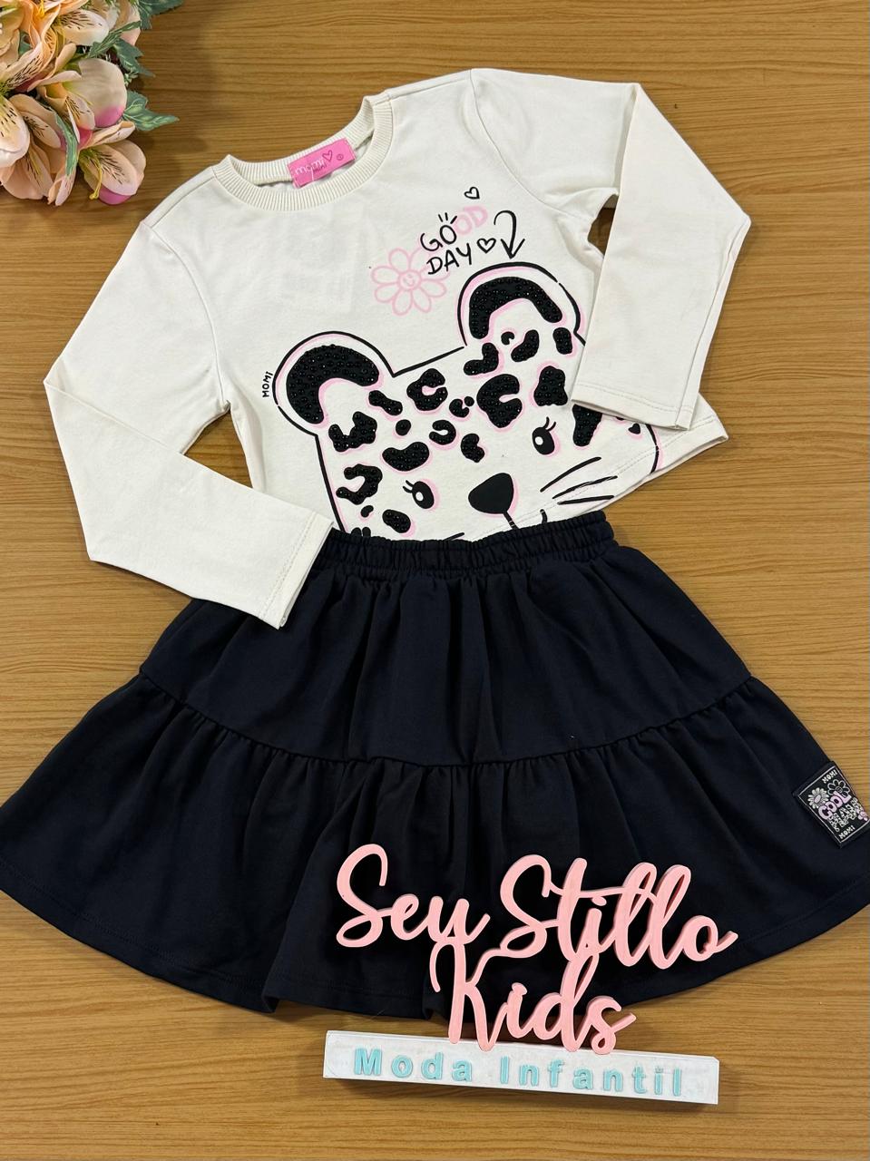 Conjunto Infantil Momi Inverno Saia Preta e Blusa Oncinha