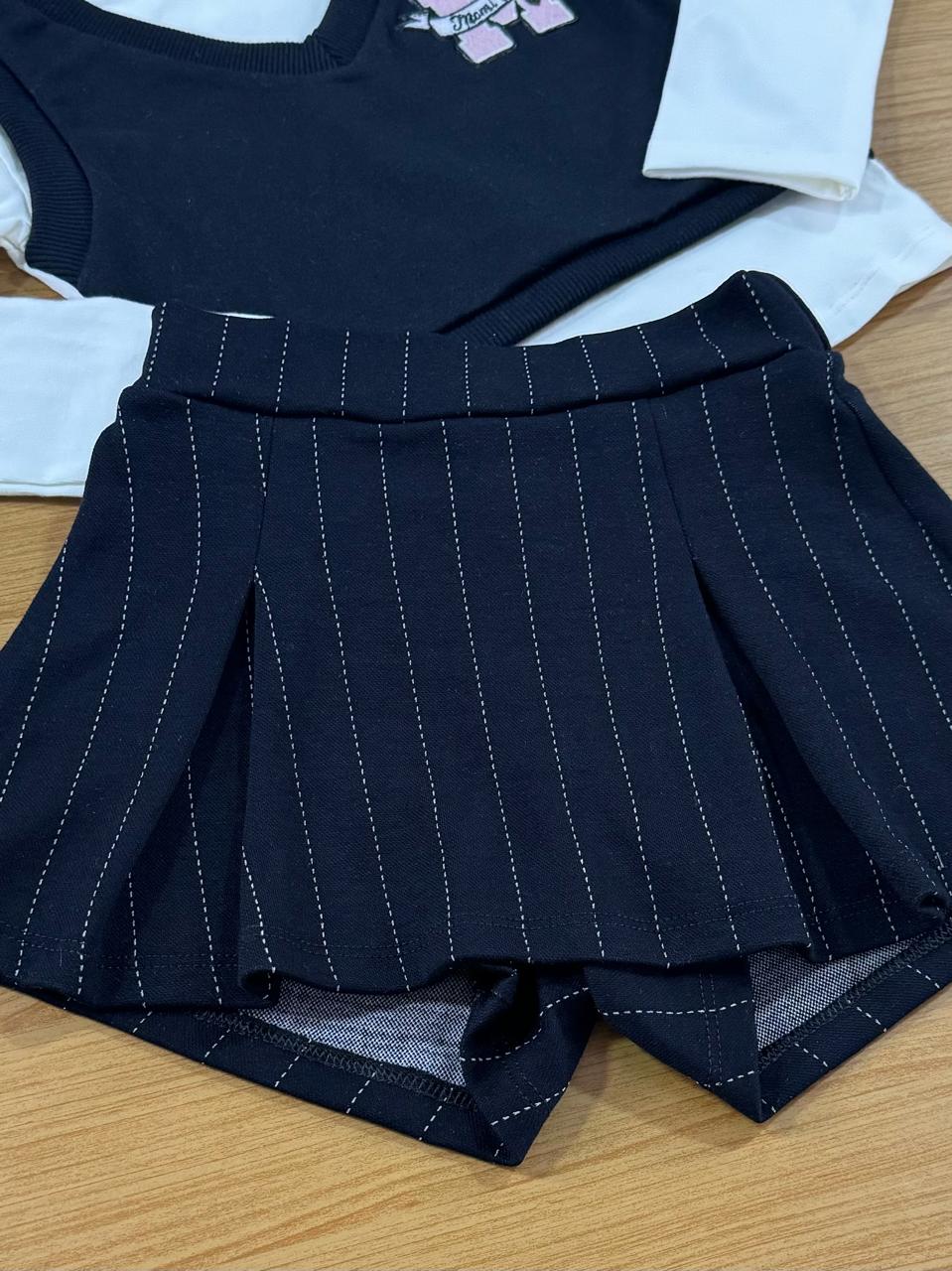 Conjunto Infantil Momi Inverno Short Saia Preto Pontilhado e Blusa Colete Fake