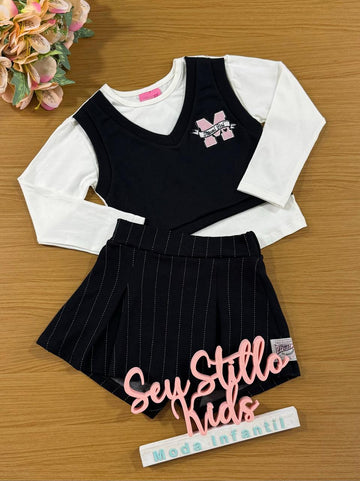 Conjunto Infantil Momi Inverno Short Saia Preto Pontilhado e Blusa Colete Fake
