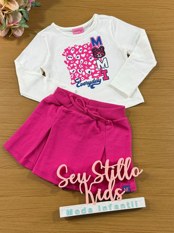 Conjunto Infantil Momi Inverno Shorts Saia Rosa e Blusa Tigre