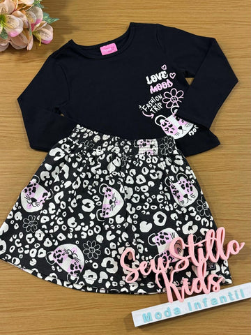 Conjunto Infantil Momi Inverno Saia e Blusa Preta Oncinha
