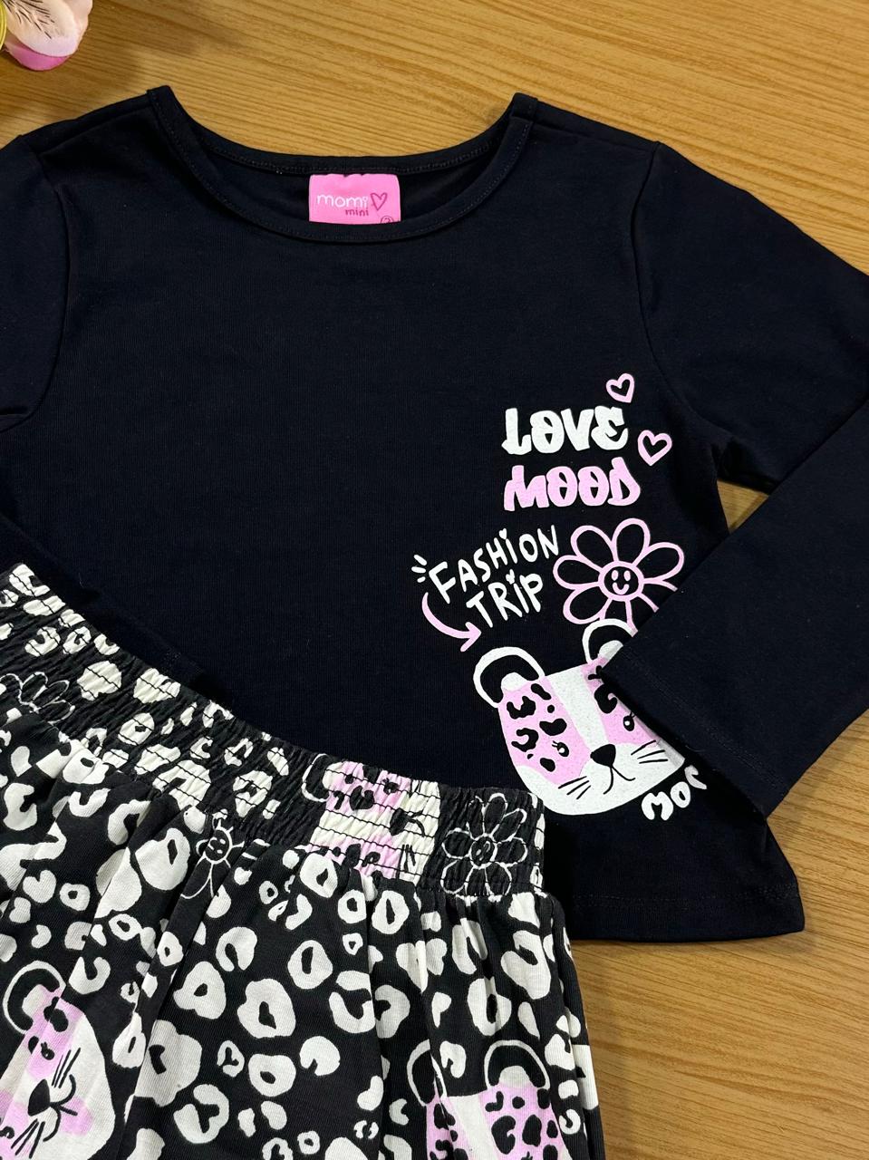 Conjunto Infantil Momi Inverno Saia e Blusa Preta Oncinha
