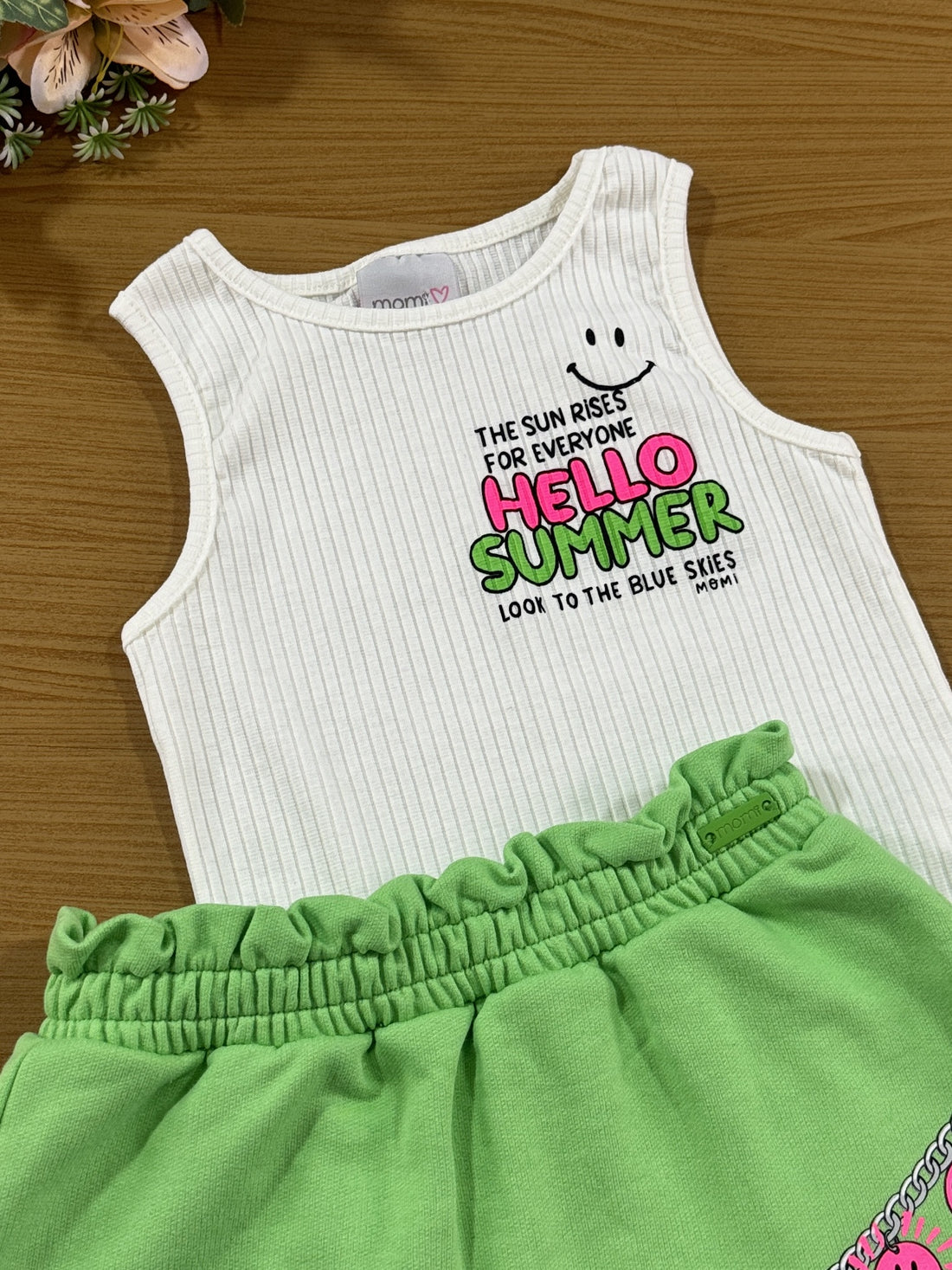 Conjunto Infantil Momi Verão Shorts Saia Verde e Regata Summer