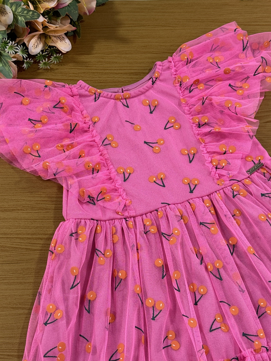 Vestido Infantil Momi Verão Rosa Tule Cereja