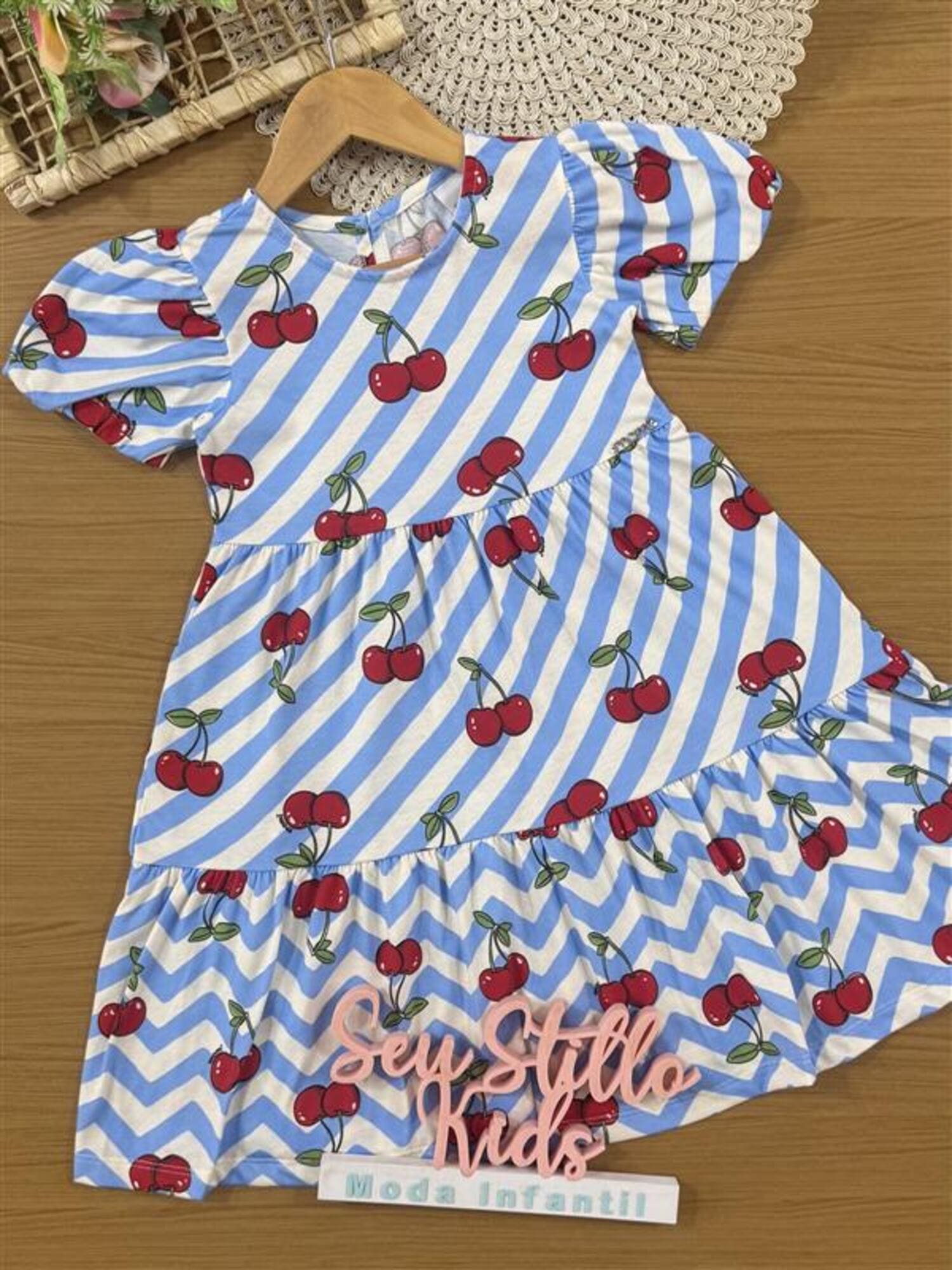 Vestido Infantil Momi Verão Azul Listrado Cerejinha