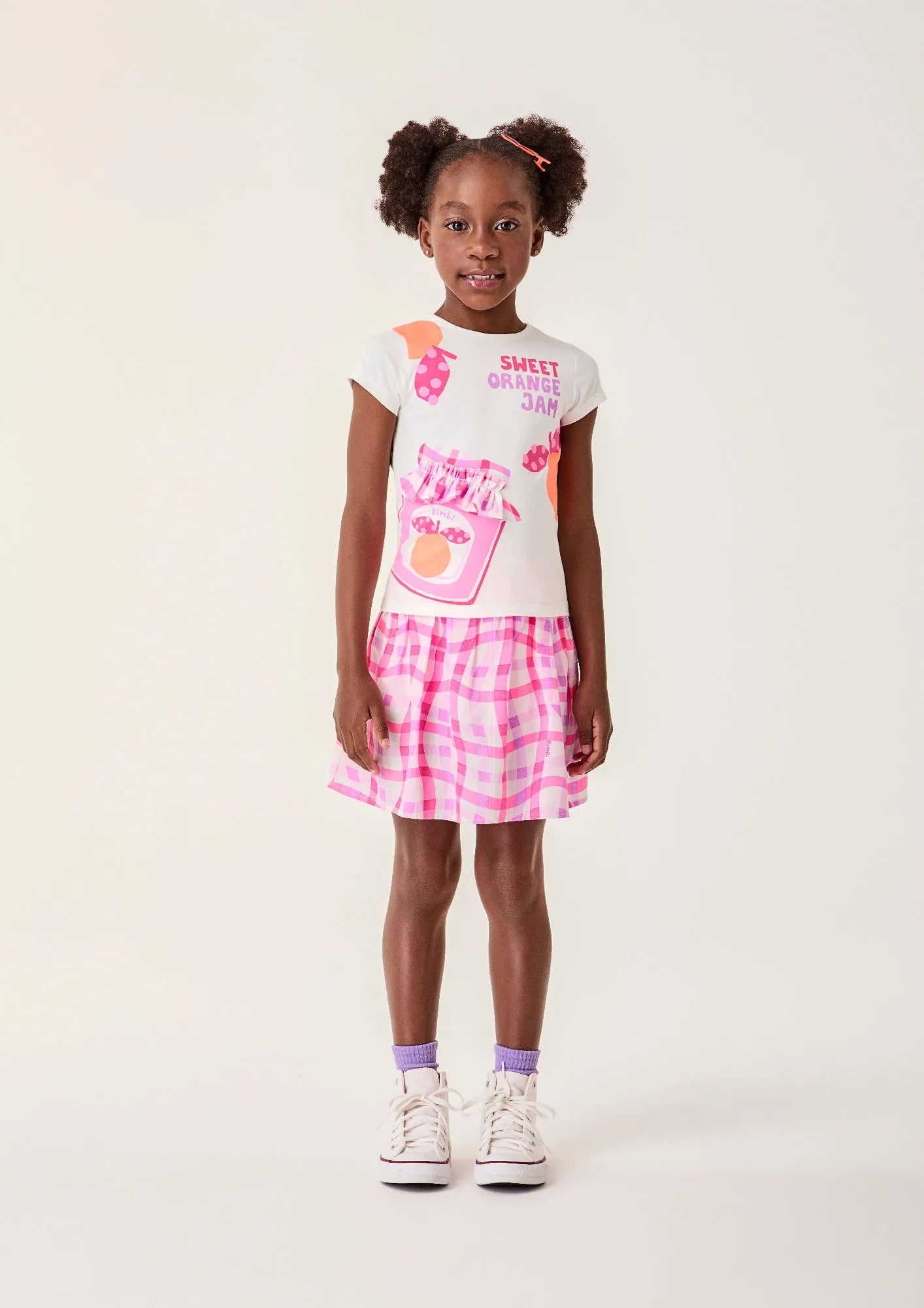 Conjunto Infantil Menina Bimbi com Saia Xadrez Rosa e Blusa Branca Laranjinhas
