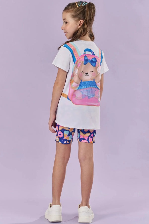Conjunto Infantil Kukiê Verão com Shorts Ciclista Azul e Blusa Branca Ursinha Magic