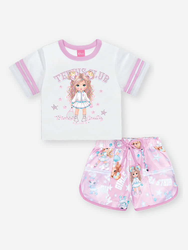 Conjunto Infantil Cinti Verão com Shorts Lilás e Blusa Branca Lider de Torcida Tennis Club