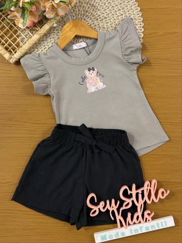Conjunto Infantil Kukiê com Shorts Preto e Blusa Cute Bear