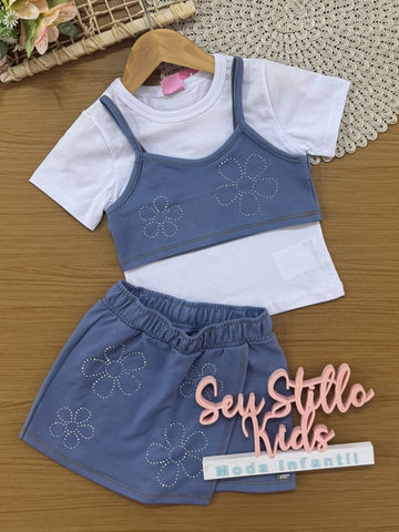 Conjunto Infantil Cinti Verão, Shorts Saia e Top Azul Florzinha com Blusa Branca
