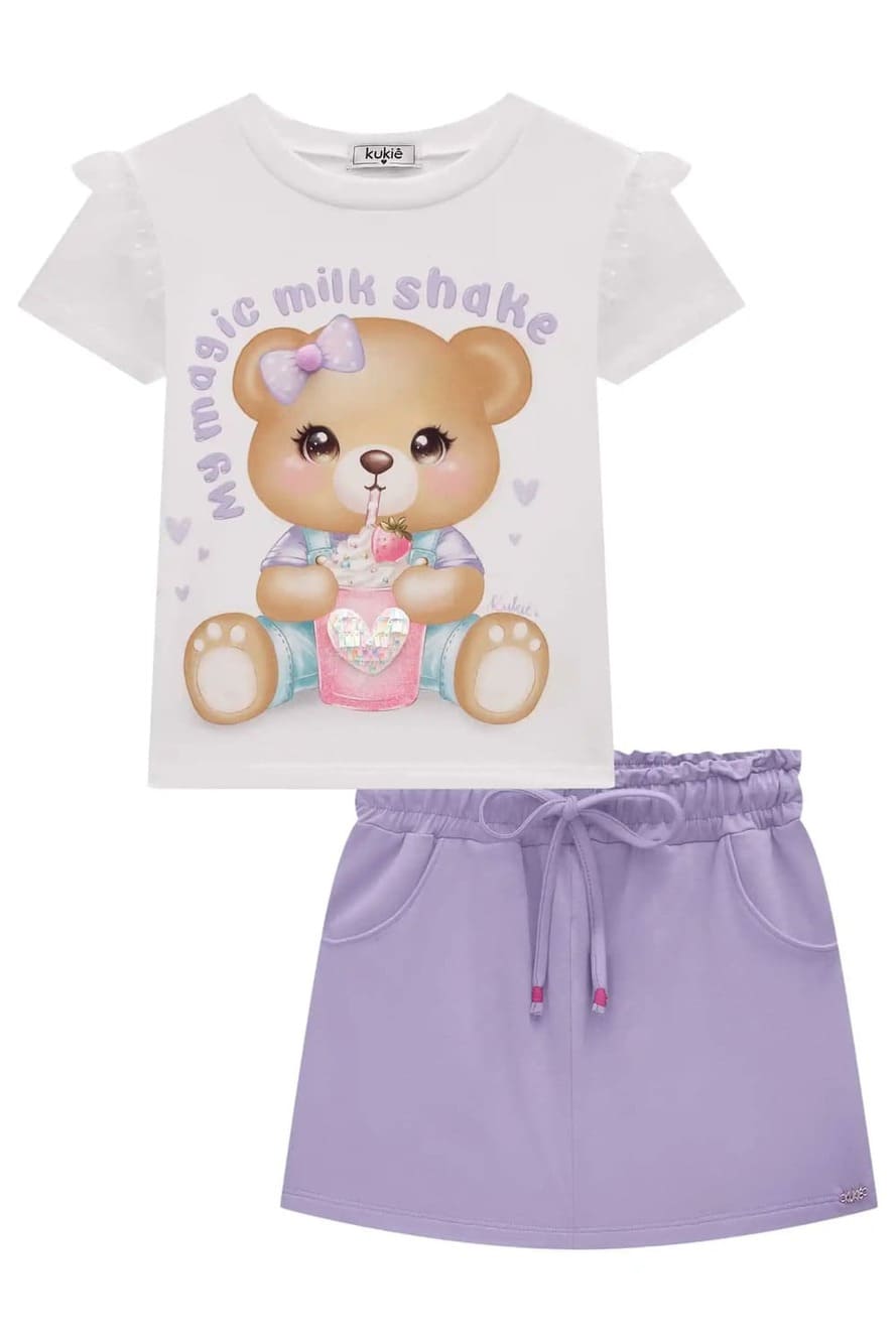Conjunto Infantil Kukie Verão Shorts Saia e Blusa Branca Ursinha