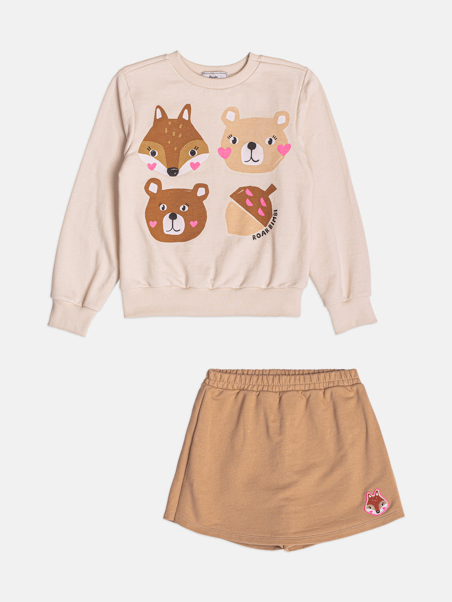 Conjunto Infantil Bimbi Inverno com Shorts Saia e Moletom sem Flanela Bege Bichinhos