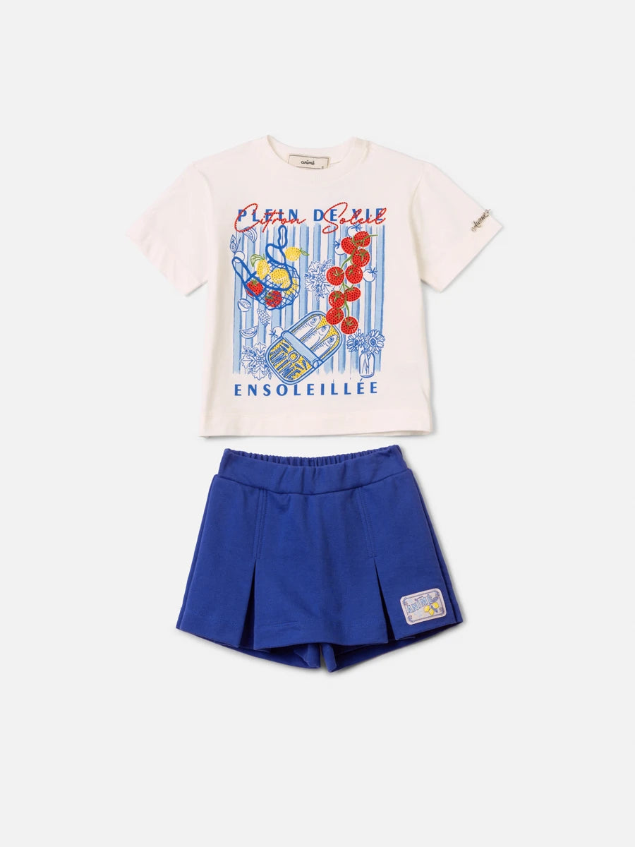 Conjunto Infantil Menina Animê com Shorts Saia Azul e Blusa Frutinhas