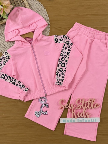 Conjunto Infantil Cinti Inverno com Jaqueta e Calça Rosa Oncinha