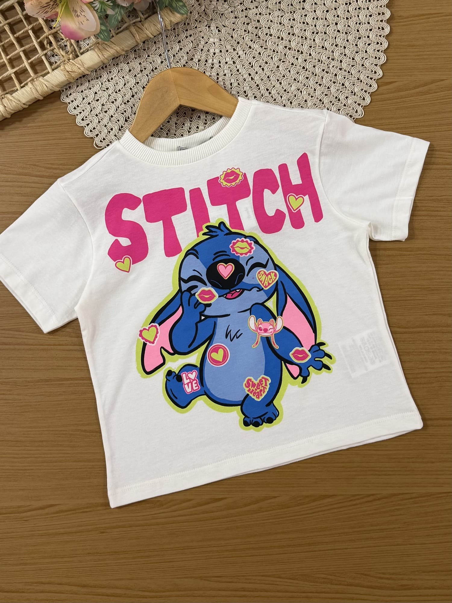 Conjunto Infantil Bimbi Inverno com Shorts-Saia Rosa e Blusa Branca Stitch Disney