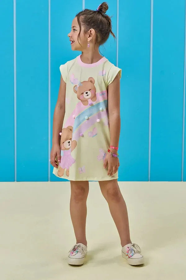 Vestido Infantil Kukiê Amarelo Ursinho com Pompom