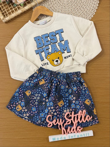 Conjunto Infantil Momi Inverno com Saia Azul e Moletom sem Flanela Best Team
