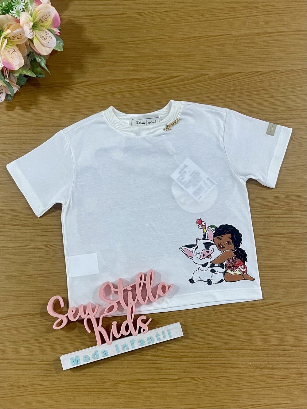 Blusa Infantil Animê Verão Off White Moana Família Disney