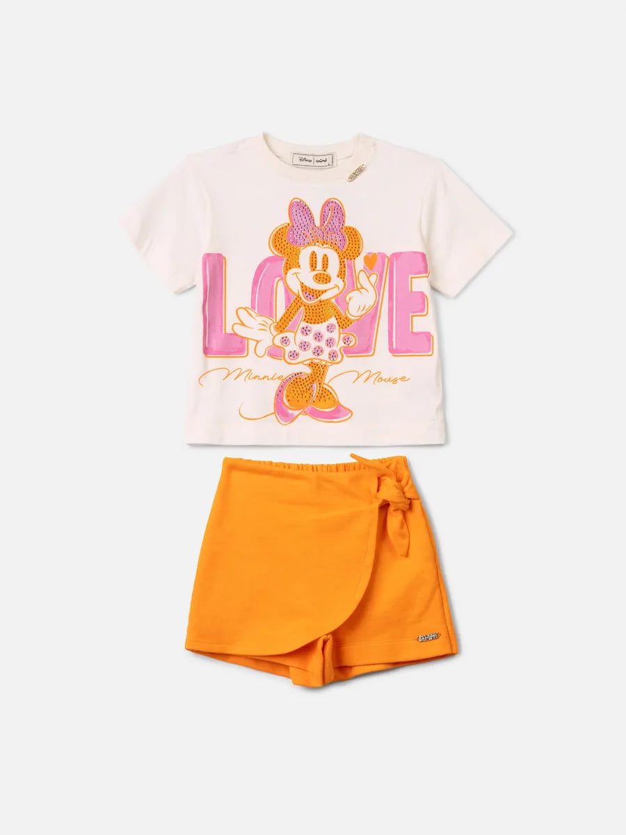 Conjunto Infantil Menina Animê com Shorts Laranja e Blusa Branca Minnie Strass Love Disney
