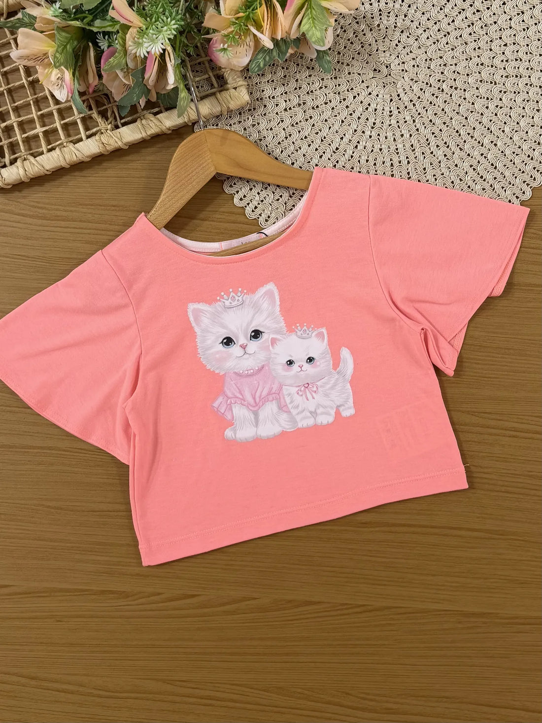 Conjunto Infantil Kukiê com Shorts Branco e Blusa Laranja Gatinha Princesa