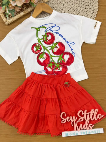Conjunto Infantil Menina Animê Saia Vermelha e Blusa Pomodoro