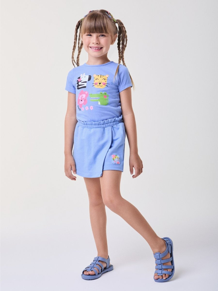 Conjunto Infantil Bimbi Verão com Shorts Saia e Blusa Azul Animais