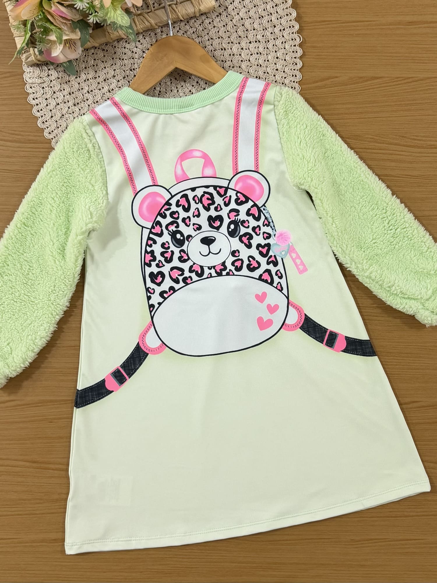 Vestido Infantil Cinti Inverno Flanelado Verde Mochilinha