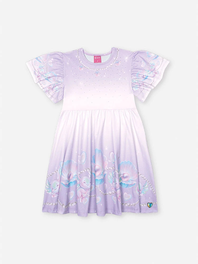 Vestido Infantil Cinti Verão Lilás Axolote e Conxinhas com Bolsinha