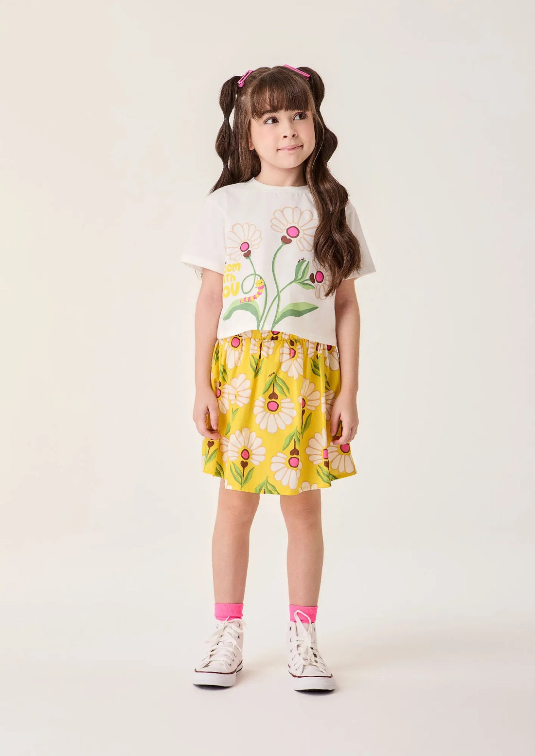 Conjunto Infantil Menina Bimbi com Saia Amarela e Blusa Branca Florzinhas