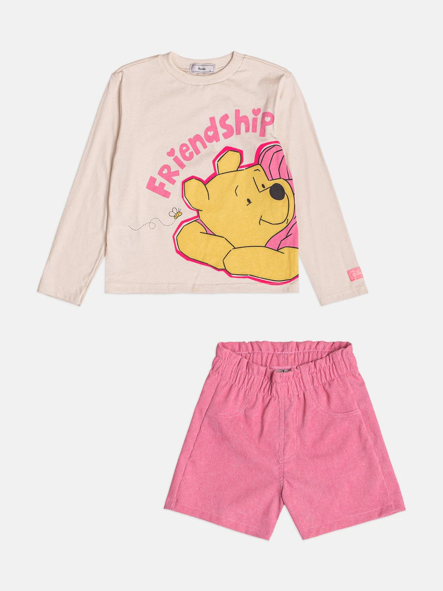 Conjunto Infantil Bimbi Inverno com Shorts Rosa e Blusa Manga Longa Pooh Friendship
