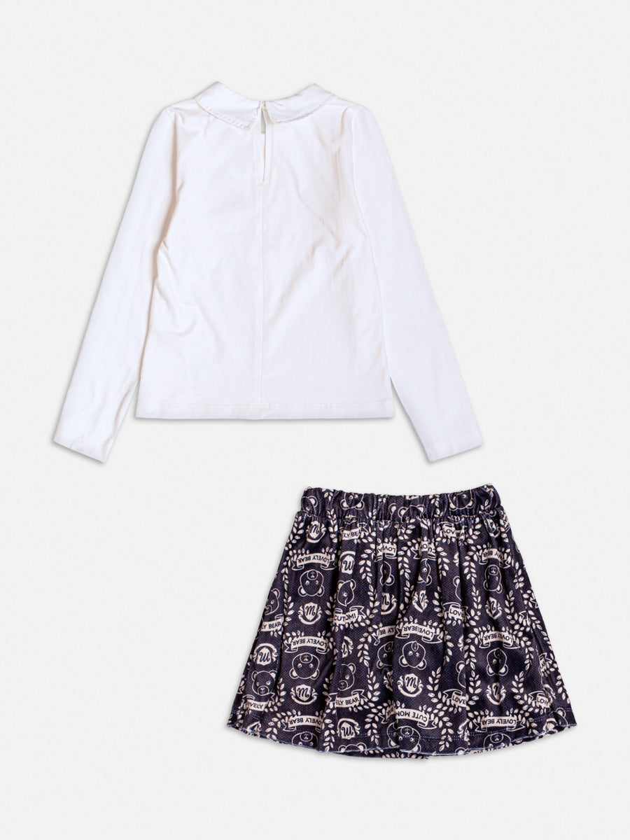 Conjunto Infantil Momi Inverno Saia com Shorts Embutido Azul e Blusa Manga Longa Patch Ursinho