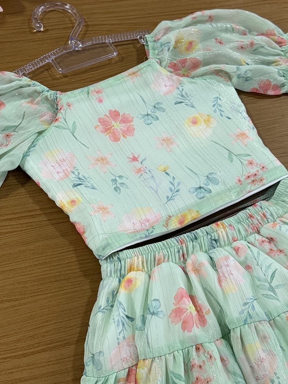Conjunto Infantil Kukie Verão Saia e Blusa Chiffon Verde Floral