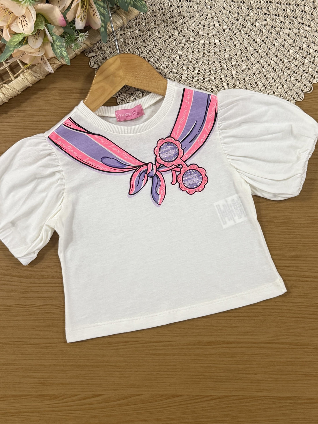 Conjunto Infantil Momi Verão com Shorts Saia Lilás e Blusa Branca Laço