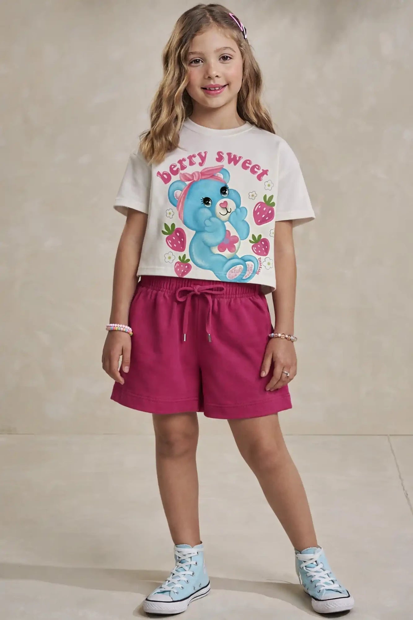 Conjunto Infantil Kukiê com Shorts Rosa e Blusa Manga Curta Berry Sweet