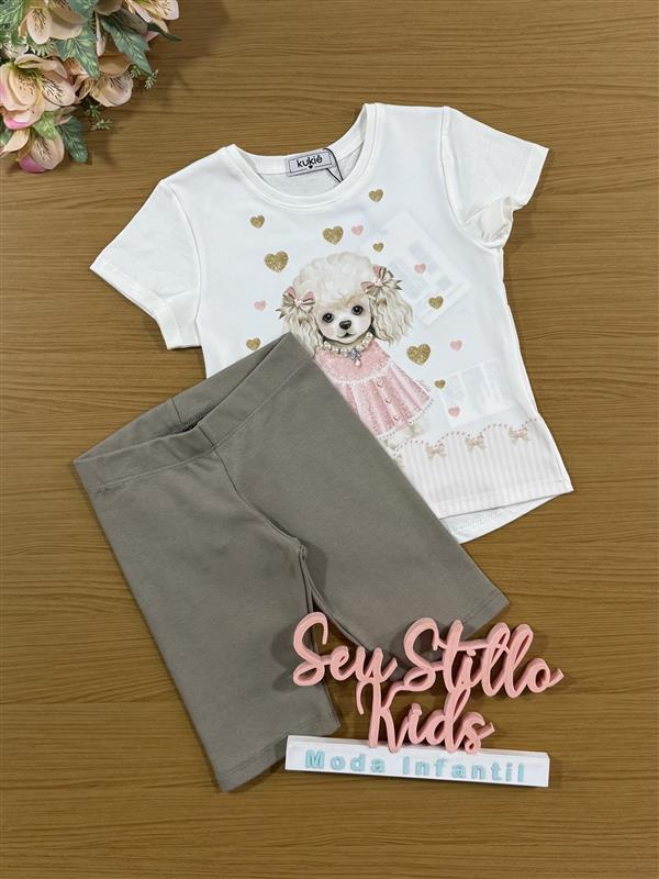 Conjunto Infantil Kukiê com Shorts Ciclista Bege e Blusa Manga Curta Cachorrinha