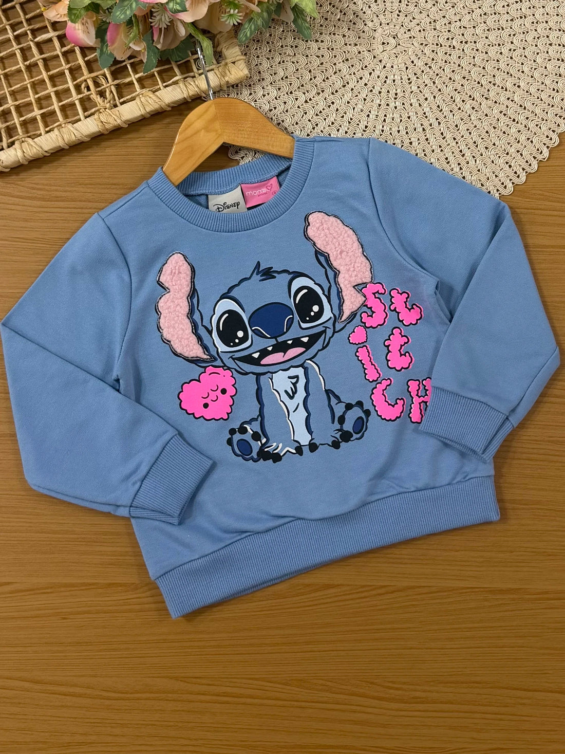 Conjunto Infantil Momi Inverno com Calça e Moletom sem Flanela Azul Stitch Disney