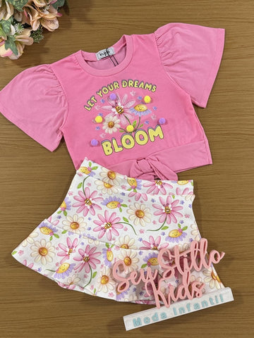 Conjunto Infantil Kukie Verão Saia e Blusa Rosa Flores