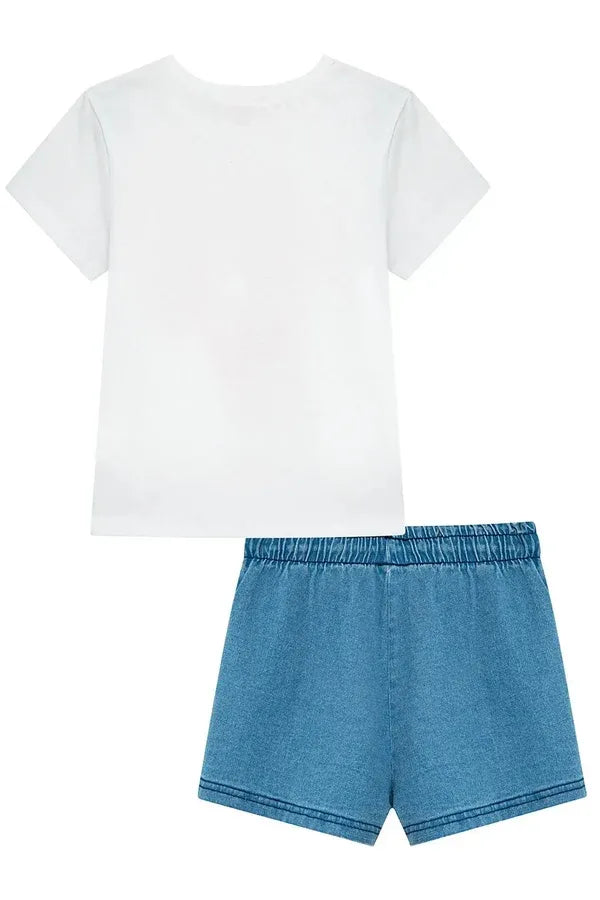 Conjunto Infantil Menina Kukiê com  Shorts Jeans e Blusa Cachorrinha Boiadeira