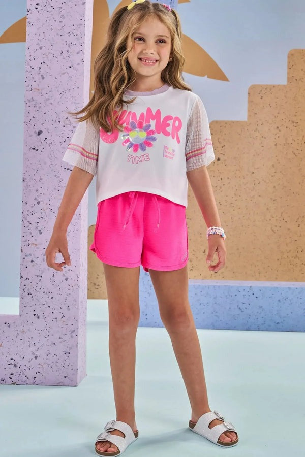 Conjunto Infantil Kukiê Verão com Shorts Rosa e Blusa Branca Summer